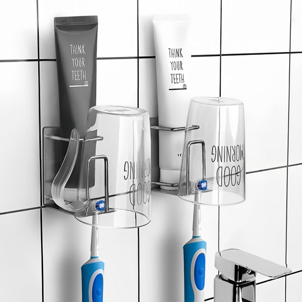 Toothbrush Holder Wall Mounted, Stainless Steel Bathroom Organizer for Electric Toothbrush, Toothpaste & Cup, No Drill Adhesive Shower Caddy (Silver,1 Pack)