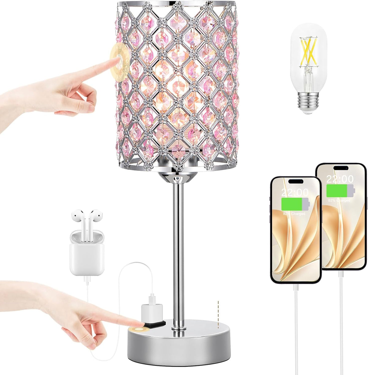 Peach Pink Bedside Lamps for Night Stands, Crystal Table Lamp for Bedroom
