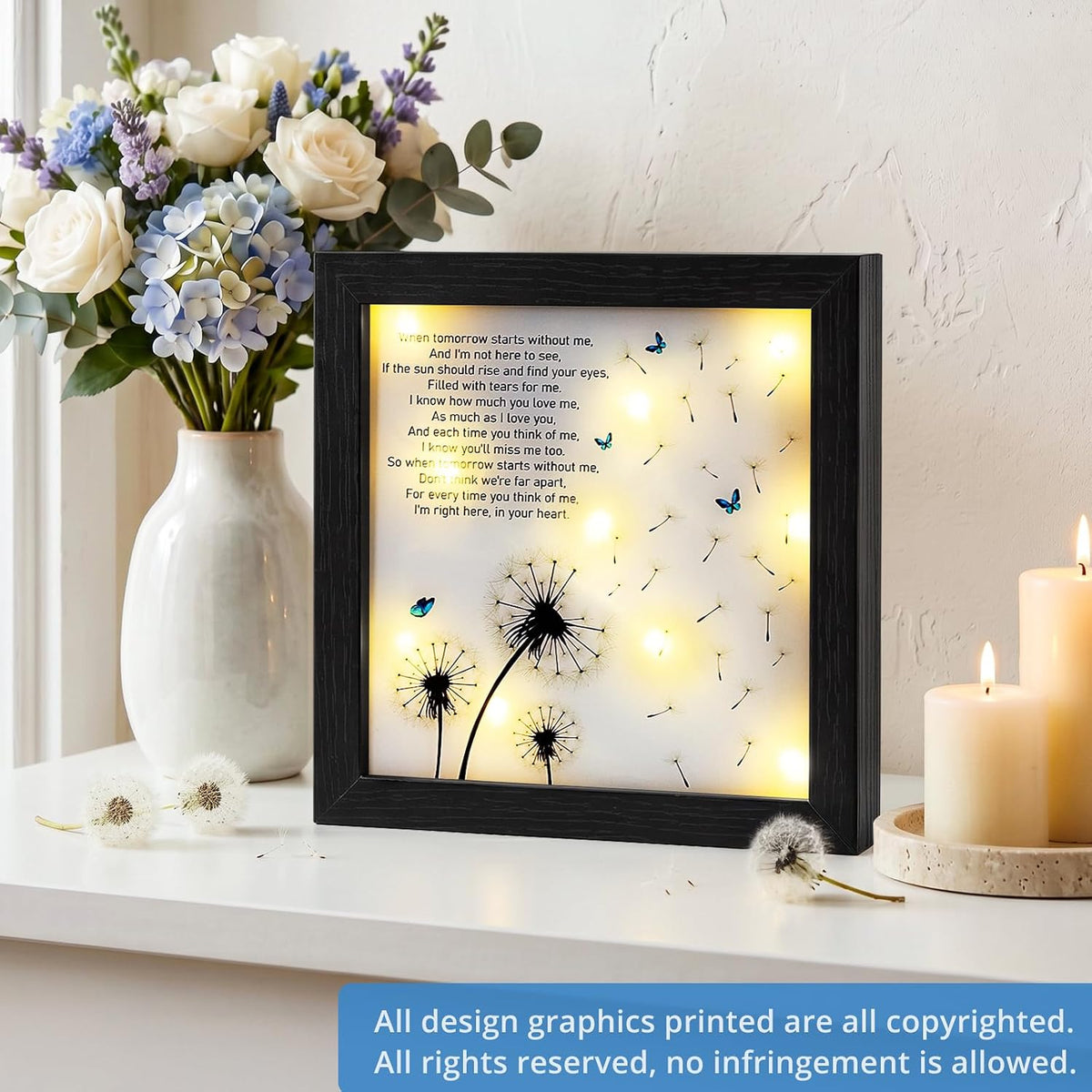 Memorial Gifts LED Shadow Box Sympathy Condolences Grief Dandelion 8x8