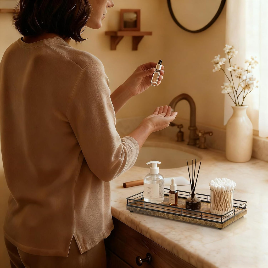 Bathroom Vanity Tray for Countertop, 12" x 6" Wood Toilet Tank Tray