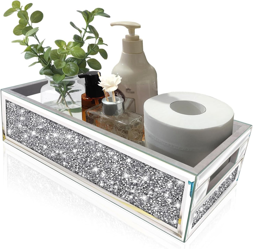 Wocred Bathroom Basket Toilet Tank,Crushed Diamond Mirrored Bathroom Tray Wall-Mounted,Silver Storage Organizer fits Dresser Bedroom,Bathroom,Coffee Table.(15”x7”x3.8”)