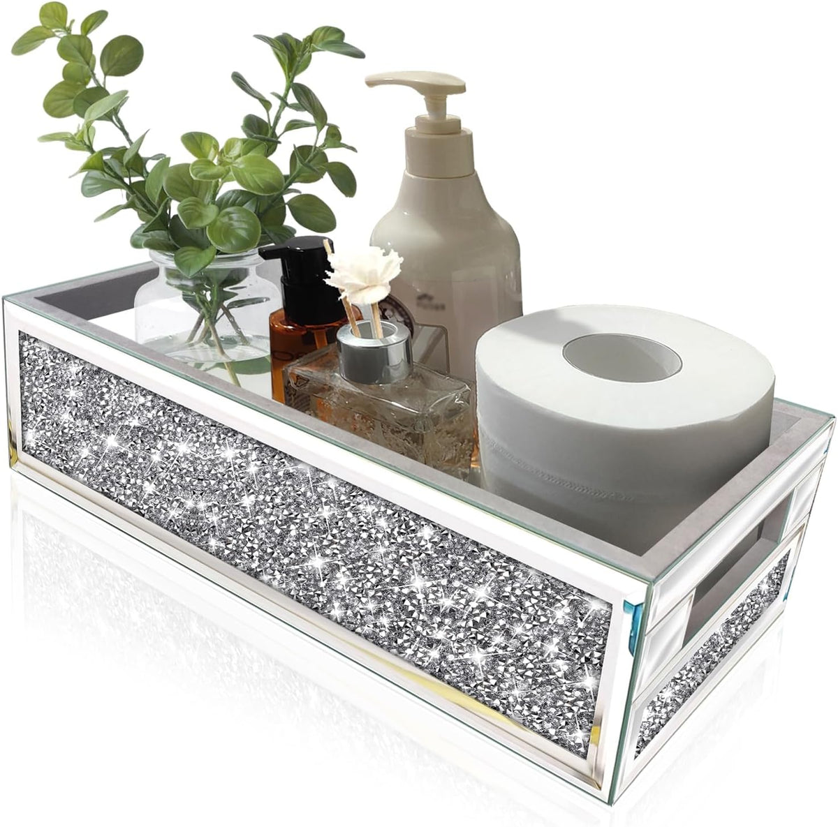 Wocred Bathroom Basket Toilet Tank,Crushed Diamond Mirrored Bathroom Tray Wall-Mounted,Silver Storage Organizer fits Dresser Bedroom,Bathroom,Coffee Table.(15”x7”x3.8”)
