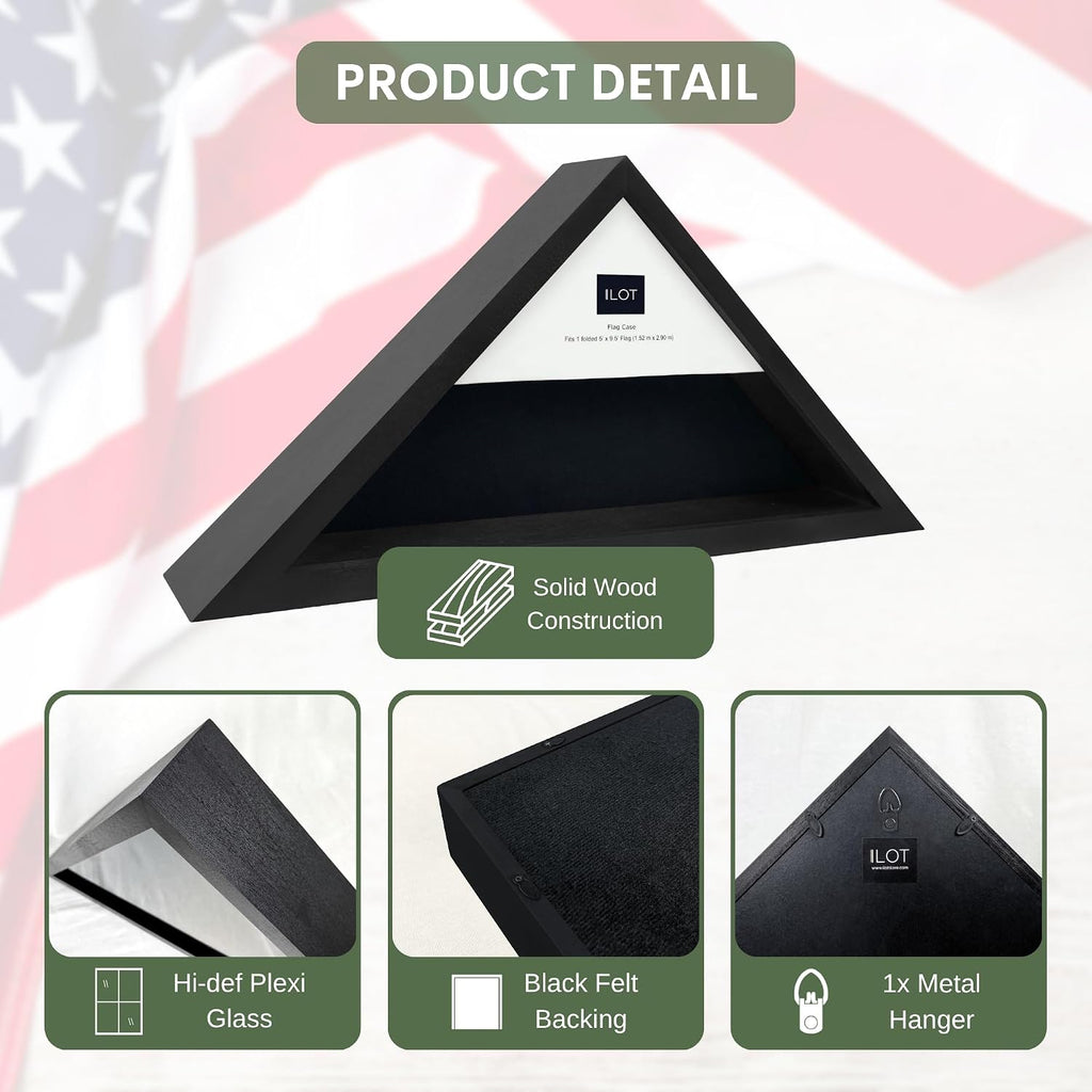 Flag Case for American Veteran Burial Flag Solid Wood Military Flag Display Case Funeral Flag Flag Shadow Boxes to Fit a Folded 5'x9.5' American Flag with Polished Plexiglass (Black)