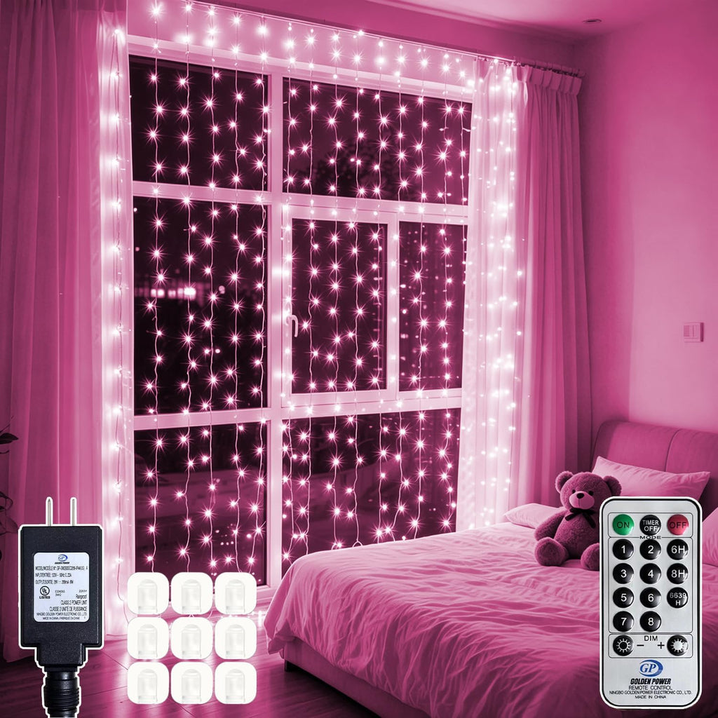 300 LED Pink Curtain String Lights 9.8x9.8FT, Plug in Fairy Lights, 9 Hooks, Dimmable Timer 8 Modes, IP44 Waterproof, Princess Girls Bedroom Wall Wedding Party Birthday Indoor Decor