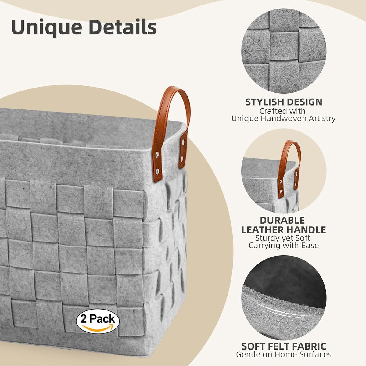 boldmonkey Blankets Basket 15 " x13 x11 2 Pack, Large Storage Baskets for Organizing Rectangular, Living Room Dog Toy Bin for Dirty Clothes, Pillows, Towel-Light Gray