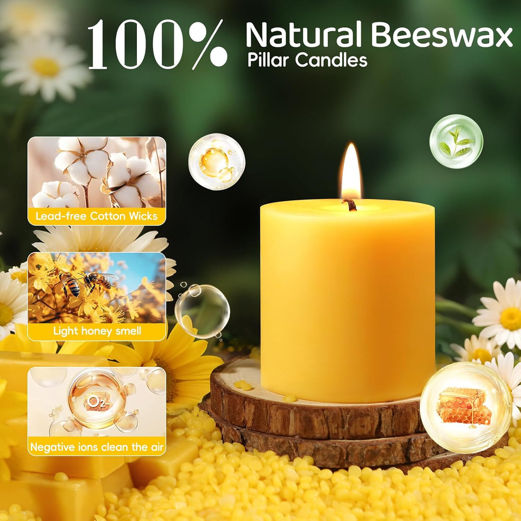 Natural Beeswax Pillar Candles,Non Toxic,2.8x3 inch,3 Pack,132 H Long Burn