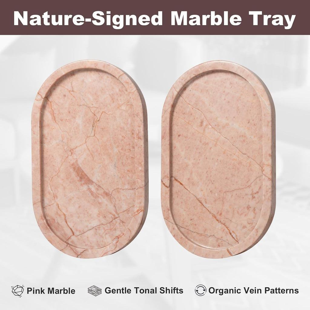 Cream Rose Marble Oval Tray 10x6 Inch - Vanity & Bathroom Organizer, Coffee Table Decor - Weighted Stone Base