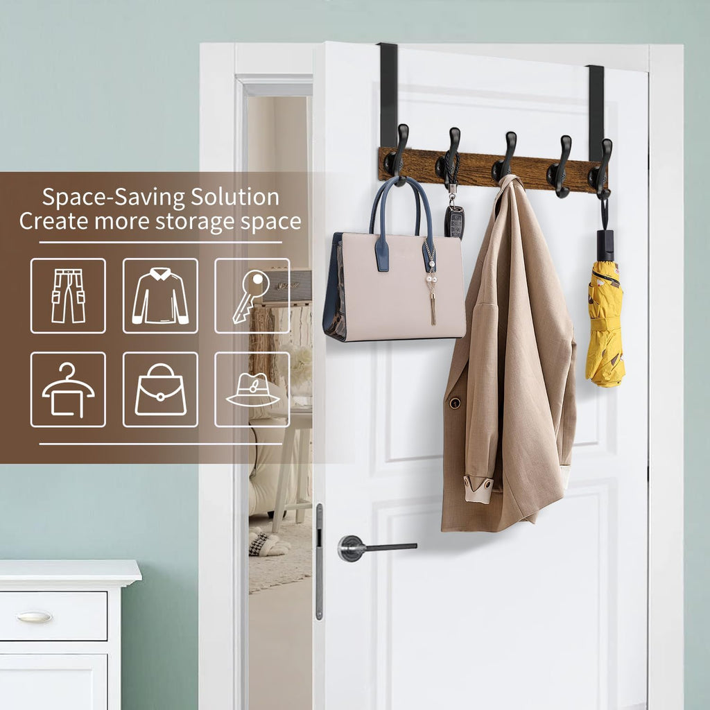 YINMIT Over The Door Hooks, Wood Door Towel Rack with 5 Hooks for Hanging