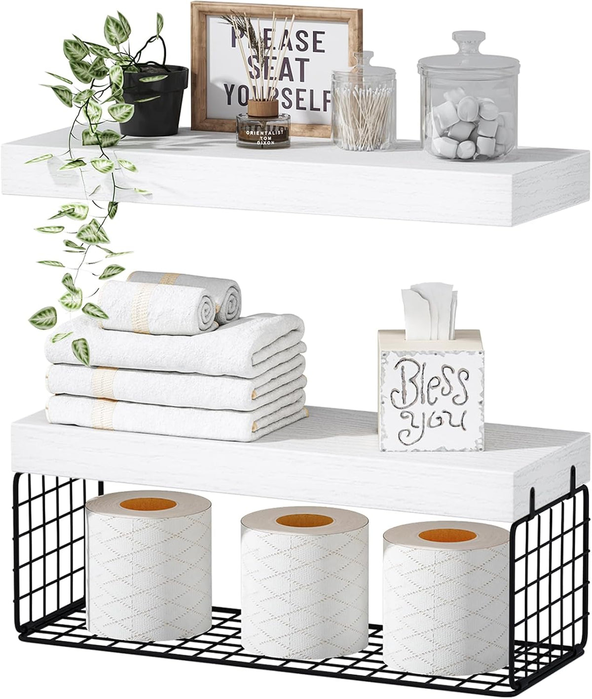 QEEIG Bathroom Shelves Over Toilet Wall (White and Black, Set of 2, 15.7")