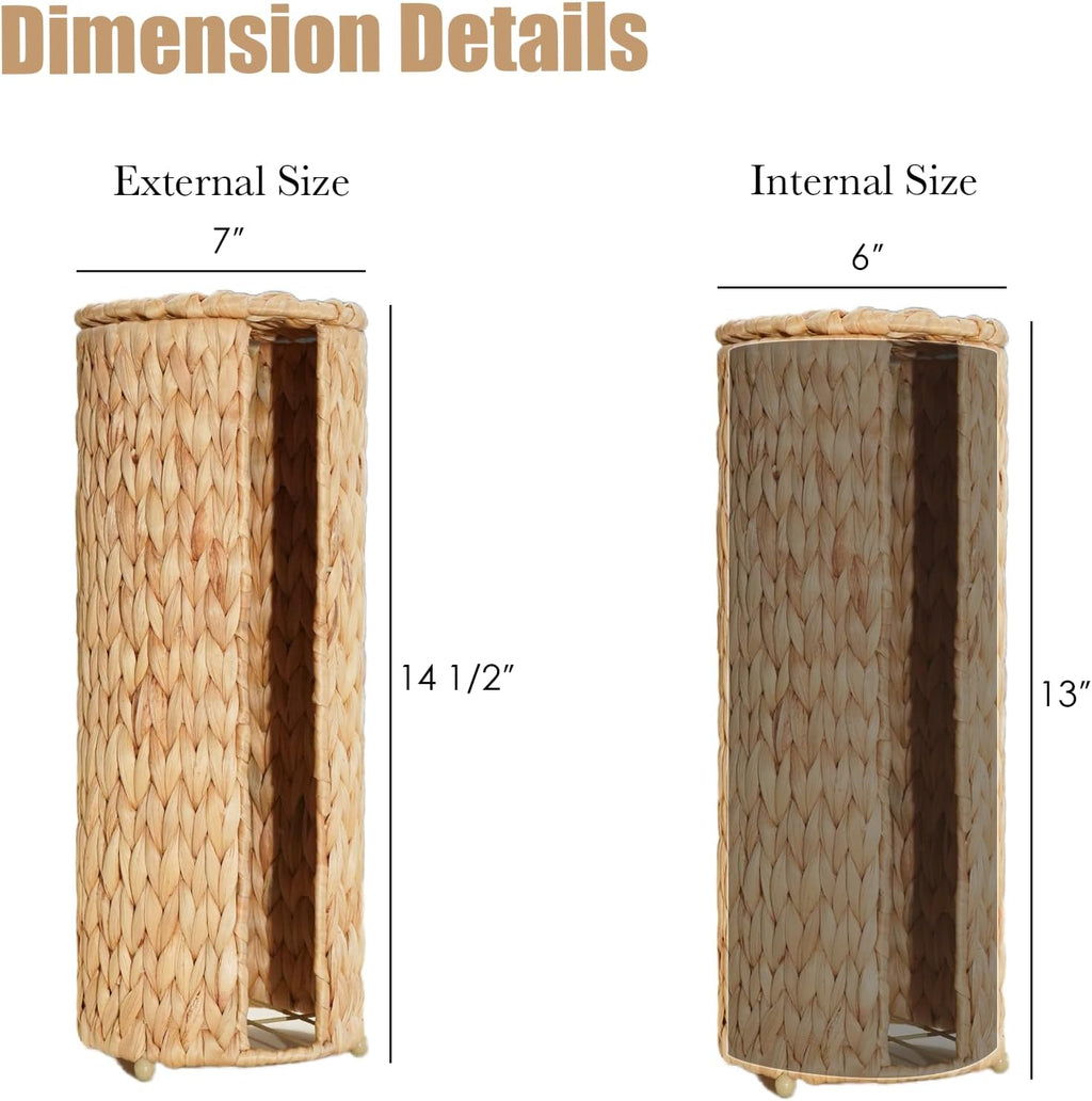 PINXIURY Water Hyacinth Paper Roll Holder, Wicker Toilet Paper Holder Stand for Bathroom, 3 Rolls of Toilet Paper Storage, Toilet Roll Holder Stand for Bathroom and Under Sink