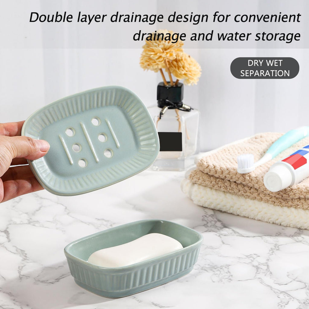 VanEnjoy Green Ceramic Soap Holder, Self Draining Soap Dish for Kitchen Sink, Decorative Bathroom Holder