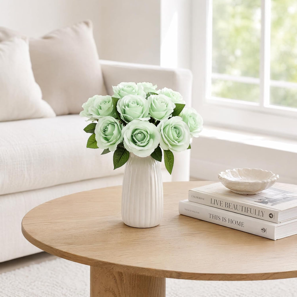 LVEFIT 30 Pcs Light Green Fake Roses Artificial Flowers Faux Flowers