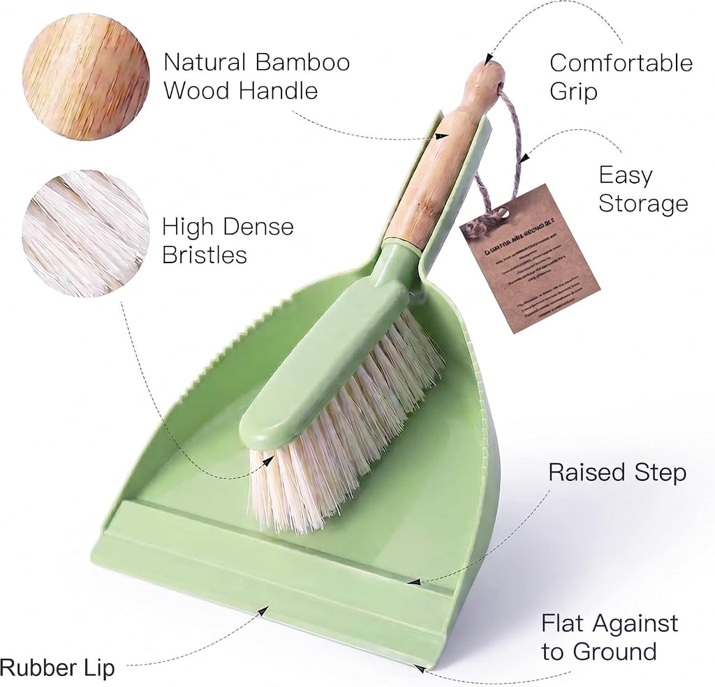 Dust Pan and Brush Set - Small Dustpan and Brush Set, Handheld Broom and Dustpan Set, Brush and Dust Pan Set for Car, Pet Care, Office, 14 x 8.7 inch, Green