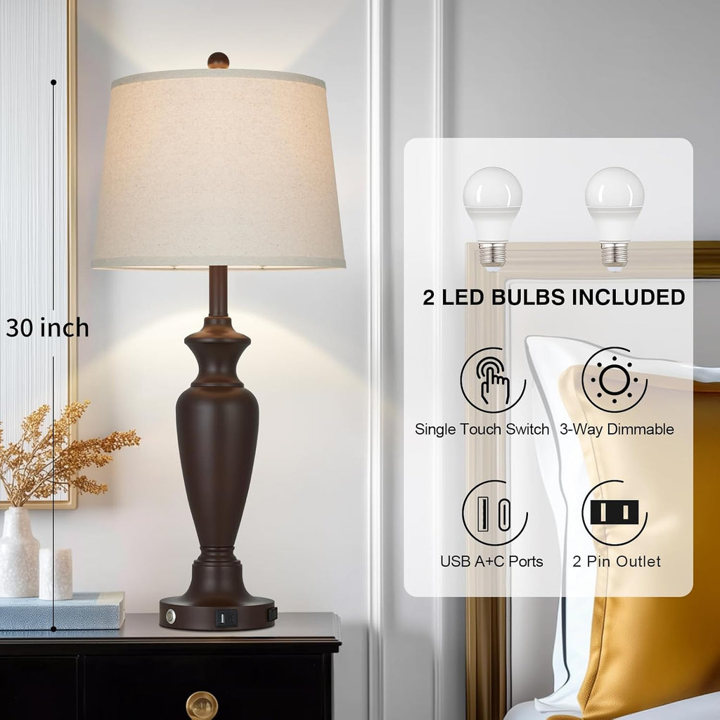 Cinyirong 30" Tall Metal Table Lamps Set of 2, Touch Control Bedside Lamps for Bedroom Nightstand, 3-Way Dimmable Farmhouse Lamp for Living Room with Charging Ports, Brown (2 LED Bulbs Included)