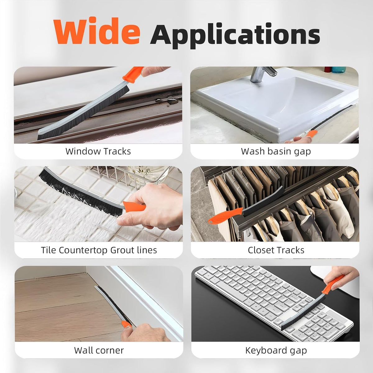 FOOGWEE Hard Bristle Crevice Cleaning Brush - Cleaning Supplies - Grout Cleaning Brushes for Household Use - Crevice Cleaning Tool for Bathroom, Home and Kitchen (3, Orange)