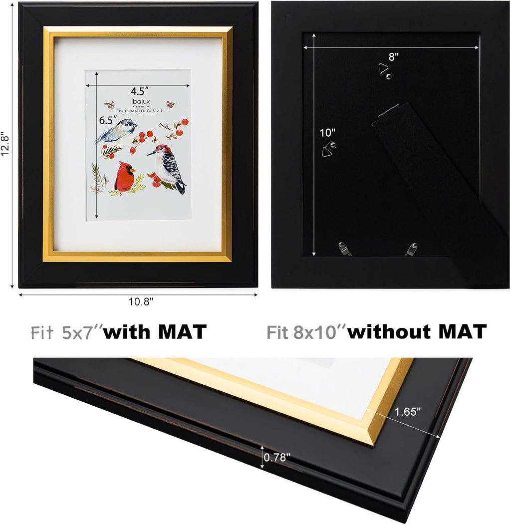 8x10 Black Wood Picture Frame with Real Glass, Gold Inner Border, Matted to 5x7, Vertical and Horizontal for Tabletop or Wall Hanging
