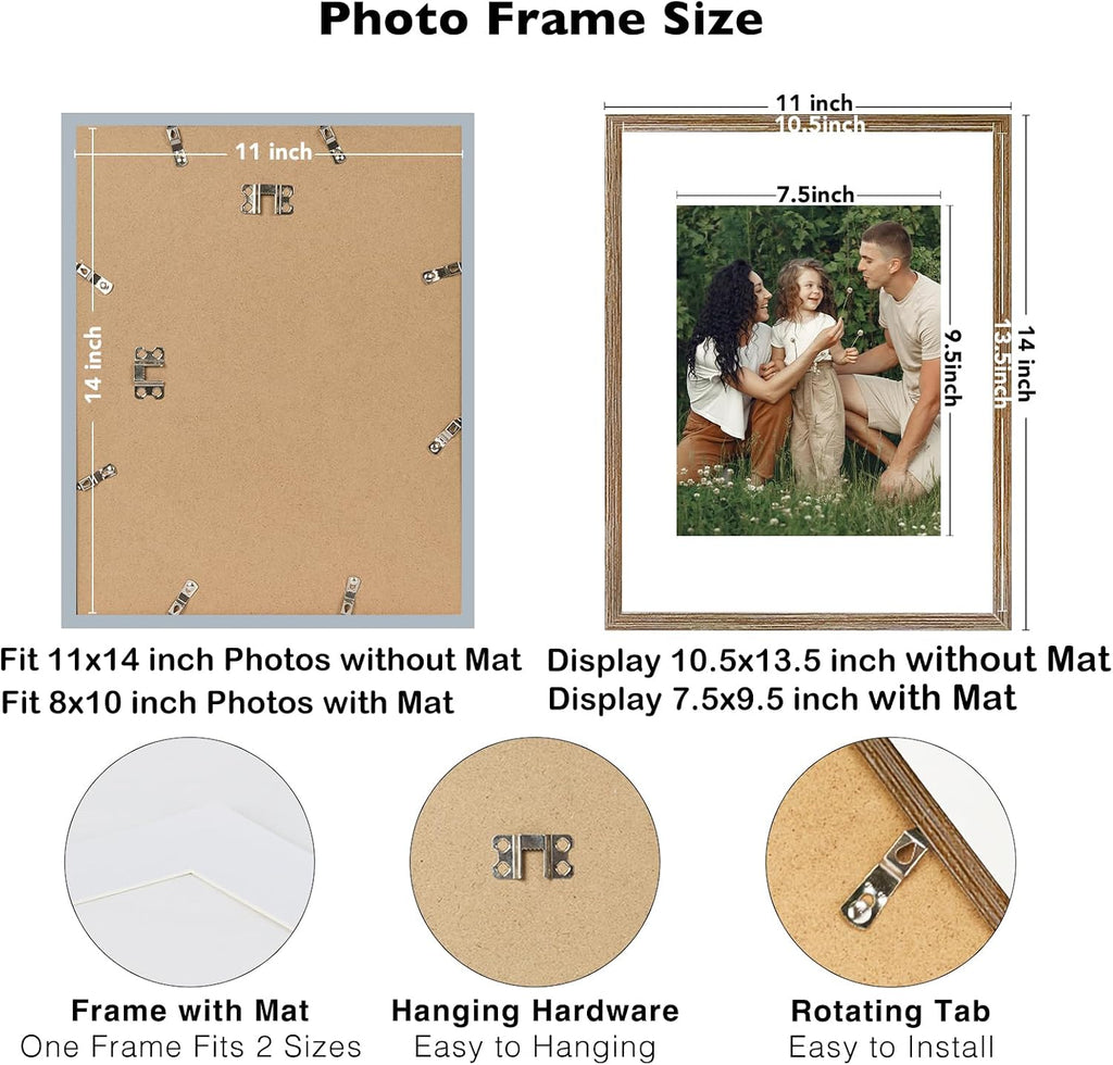 JCJMY 18 Packs 11x14 Picture Frames, Display 8x10 with Mat or 11x14 Without Mat, Gallery Wall Frame Set, 11 by 14 Frames Bulk Set of 18 Collage Wall Decor Photo Frames for Wall Hanging, Rustic Brown
