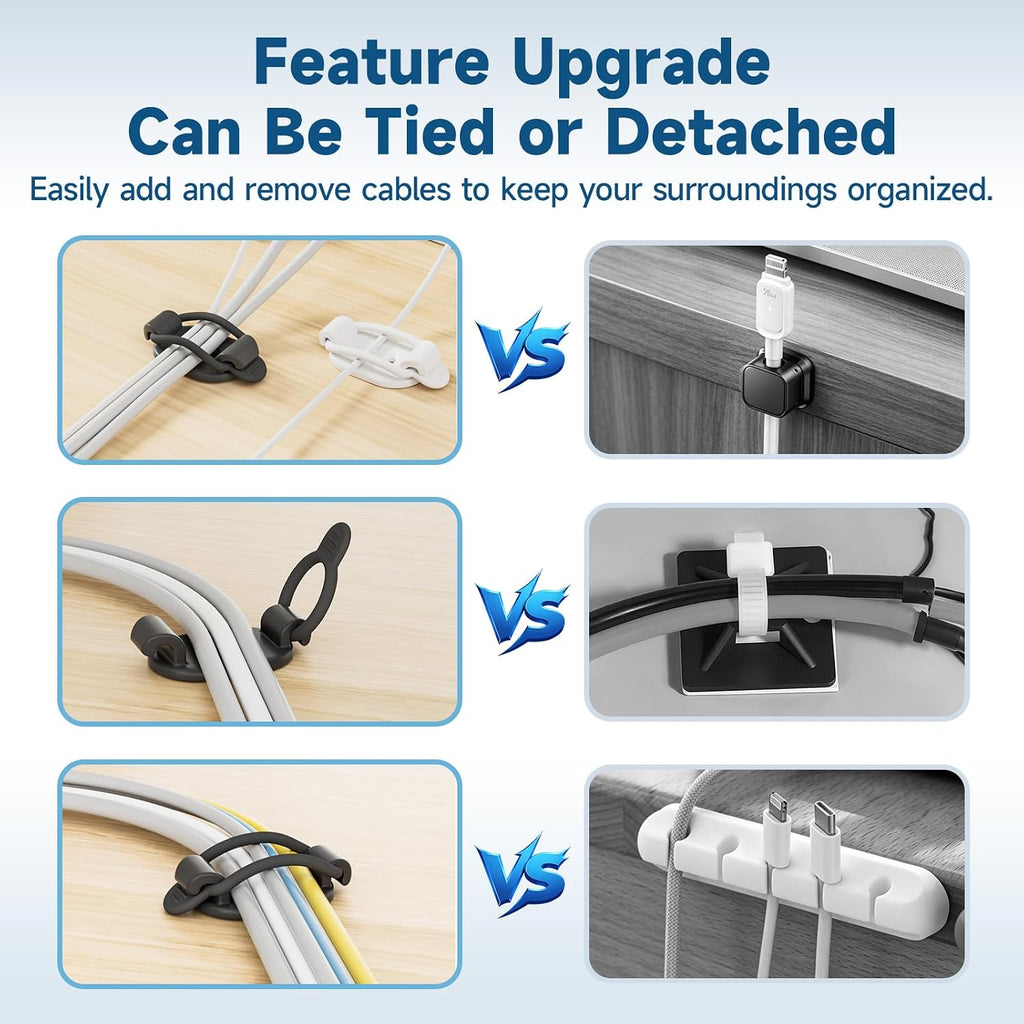 Adjustable Cable Management Clips, Self Adhesive Cord Organizer with Elastic Loop, Reusable Cable Holder for Desk, Under Desk, Wall, TV, Office, Home, Charging Cables, USB, HDMI, PC Wires (10, White)