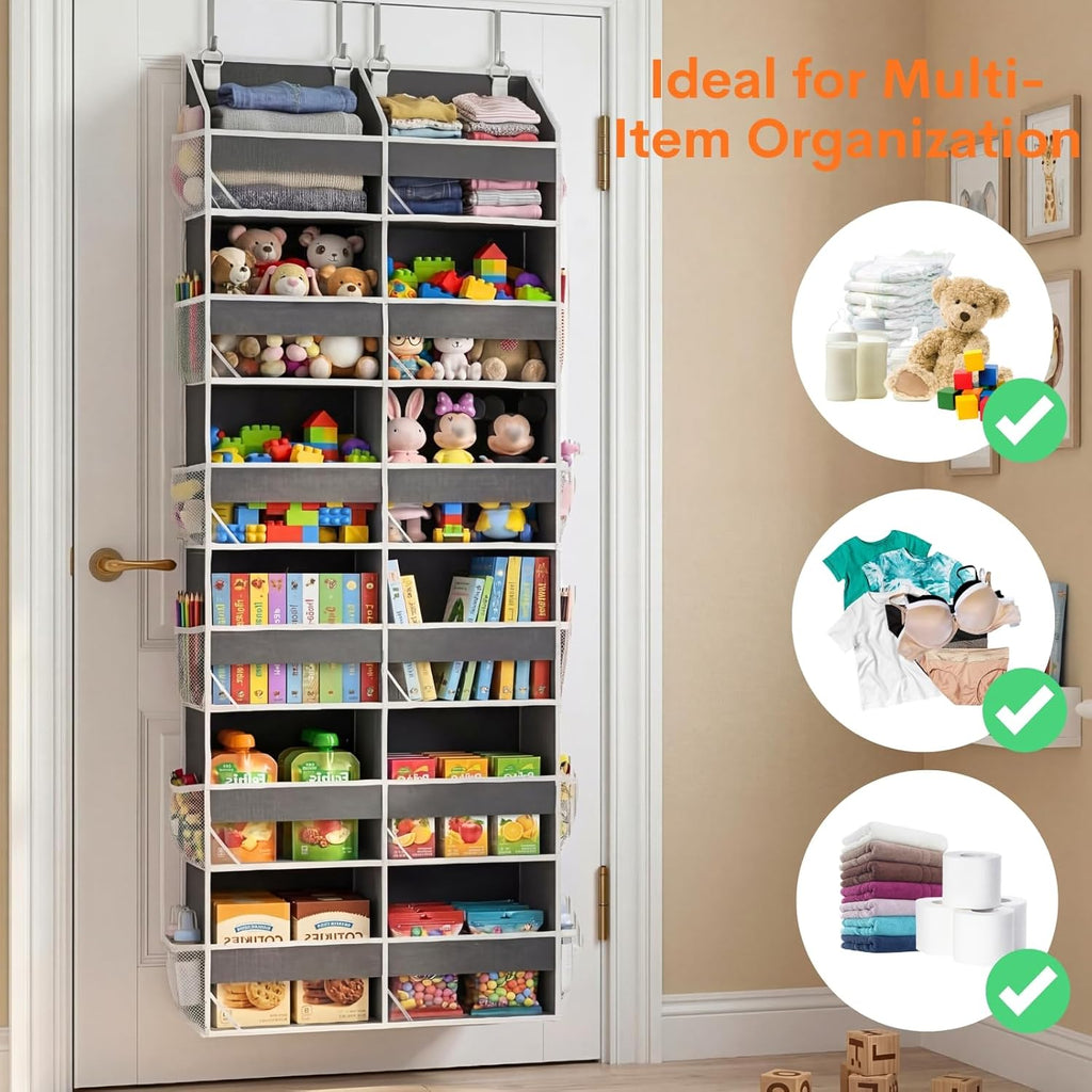 Over the Door Organizer 6 Tiers, Extra Large Behind Door Storage of 12 Compartments, 80 lbs Weight Capacity Hanging Storage Organizer with Clear Window Kids Toys, Shoes, Diapers, Room storage
