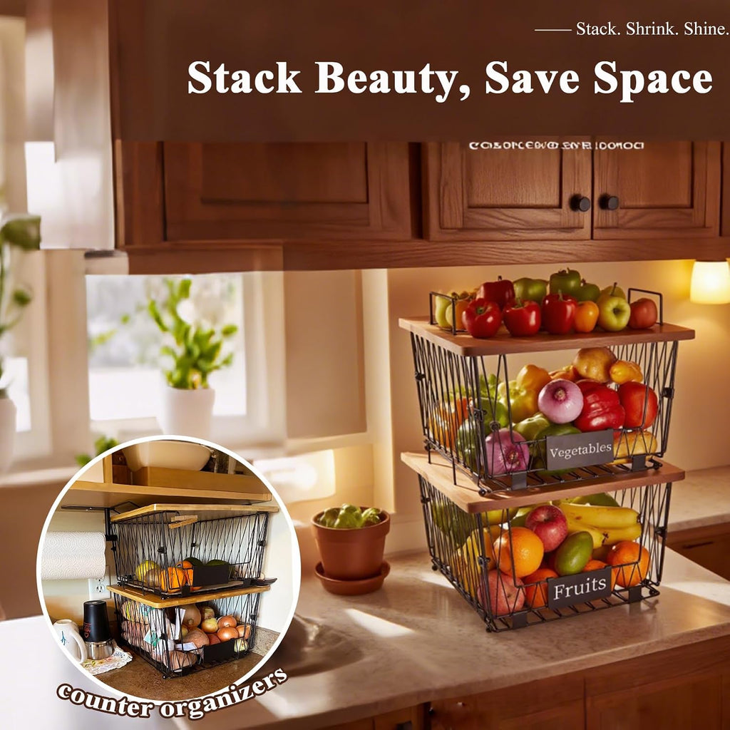 Stackable Wire Baskets with Bamboo Lids for Kitchen Pantry Storage