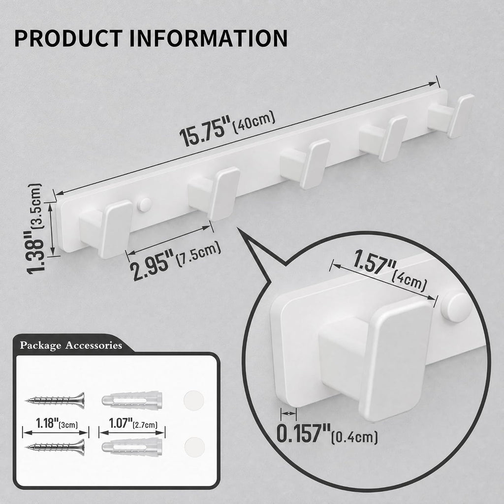White Coat Rack Wall Hooks for Hanging Heavy Duty Door Hooks with 5 Hooks Key Holder for Wall Hat Rack for Entrance Coat Hook
