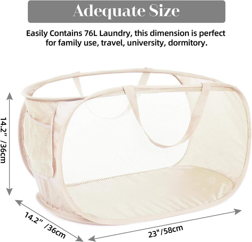 4 Pcs Durable Collapsible Laundry Baskets, Foldable Large Opening Pop Up Laundry Hamper with Pocket, Clothes Hamper with Handles for Laundry, Bathroom, Kids Room, Dorm or Travel Beige