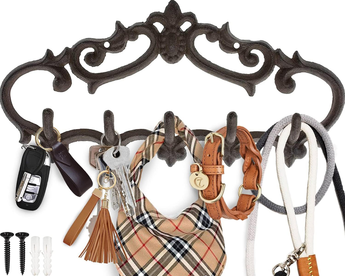 Comfify Brown Cast Iron Wall Hanger – 5 Hooks – Fleur-de-Lis – 12.6" x 5.9"