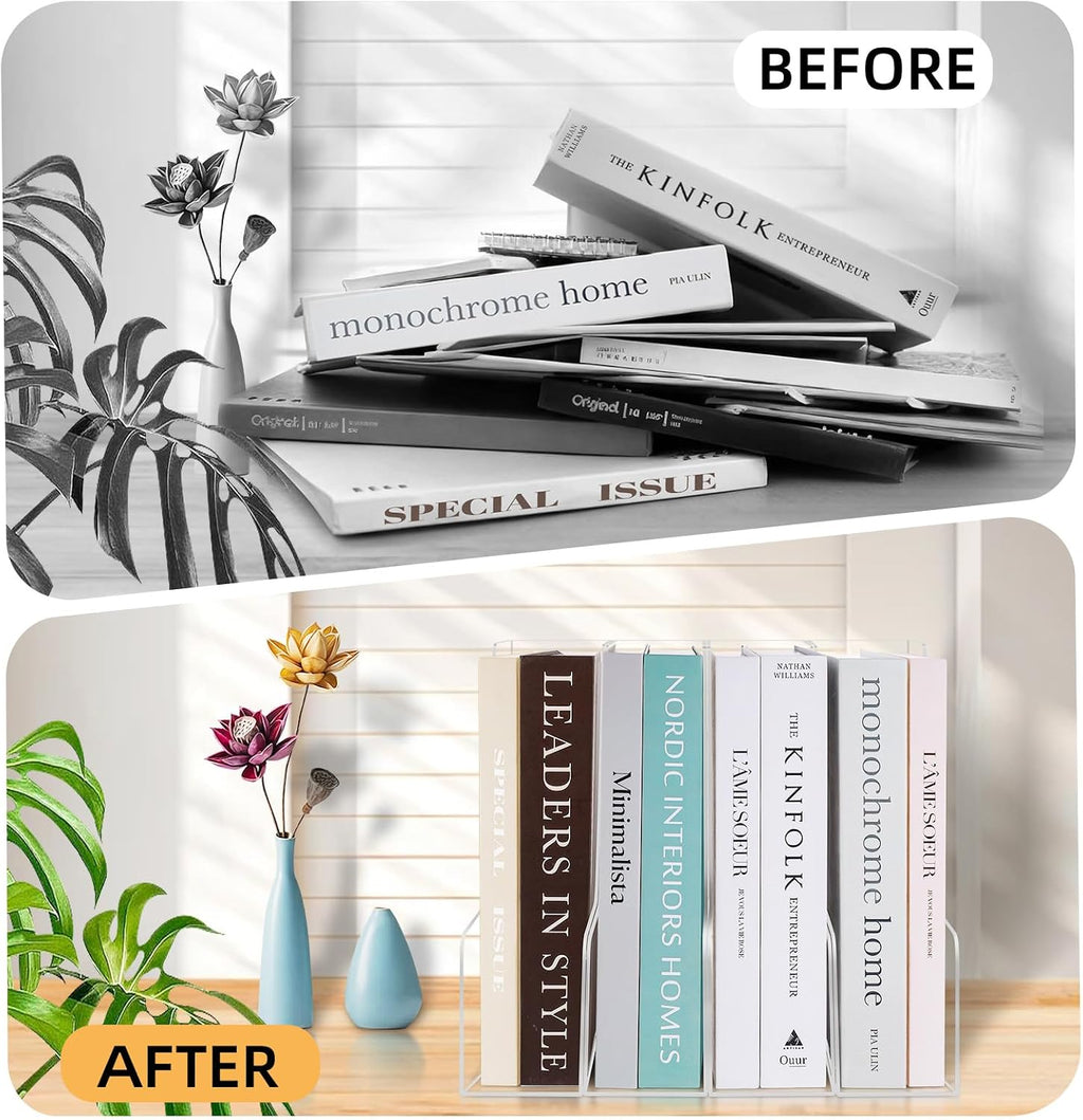 Clear Acrylic Magazine Rack, Vertical File Holder, Desk Organizer Storage Stand for Office, 4 Pack