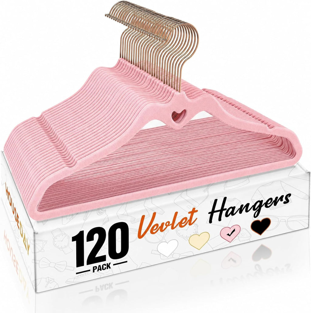 HOUSE DAY Pink Velvet Hangers 120 Pack, Non Slip Felt Hangers Heart-Shaped