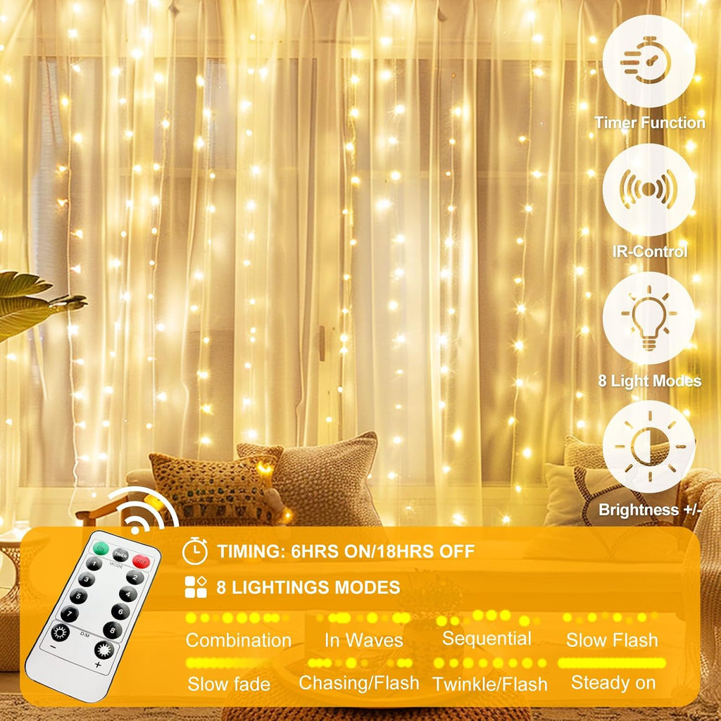 200 LED Fairy Curtain Lights, 6.6 x 6.6 FT Warm White USB Plug in 8 Modes Hanging Lights with Remote for Christmas, Bedroom, Indoor, Outdoor, Weddings, Party (Warm White)