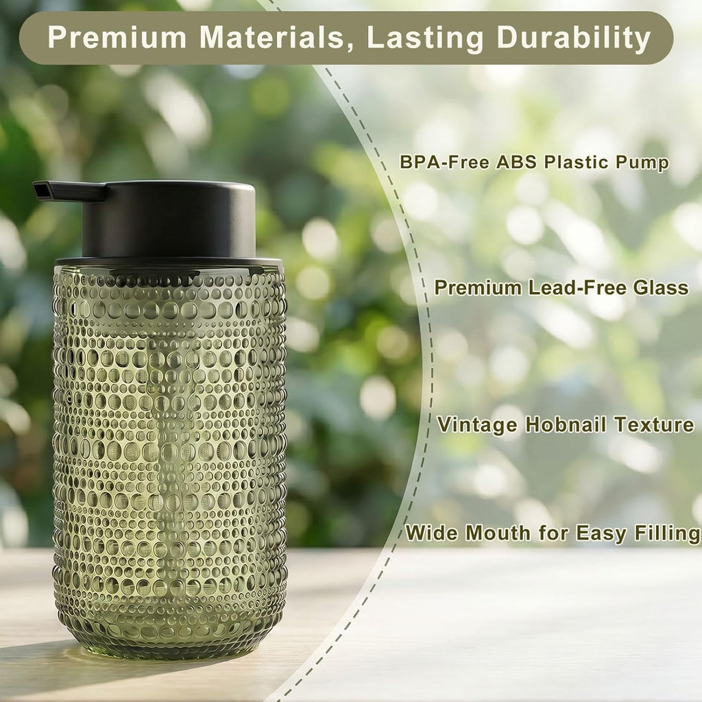 Green Glass Foaming Soap Dispenser, 2 Pack Vintage Foam Hand Soap Dispenser, 14 OZ Hobnail Texture Foam Dispenser with Black Pump for Bathroom, Kitchen, Refillable, Nordic Modern Farmhouse Decor