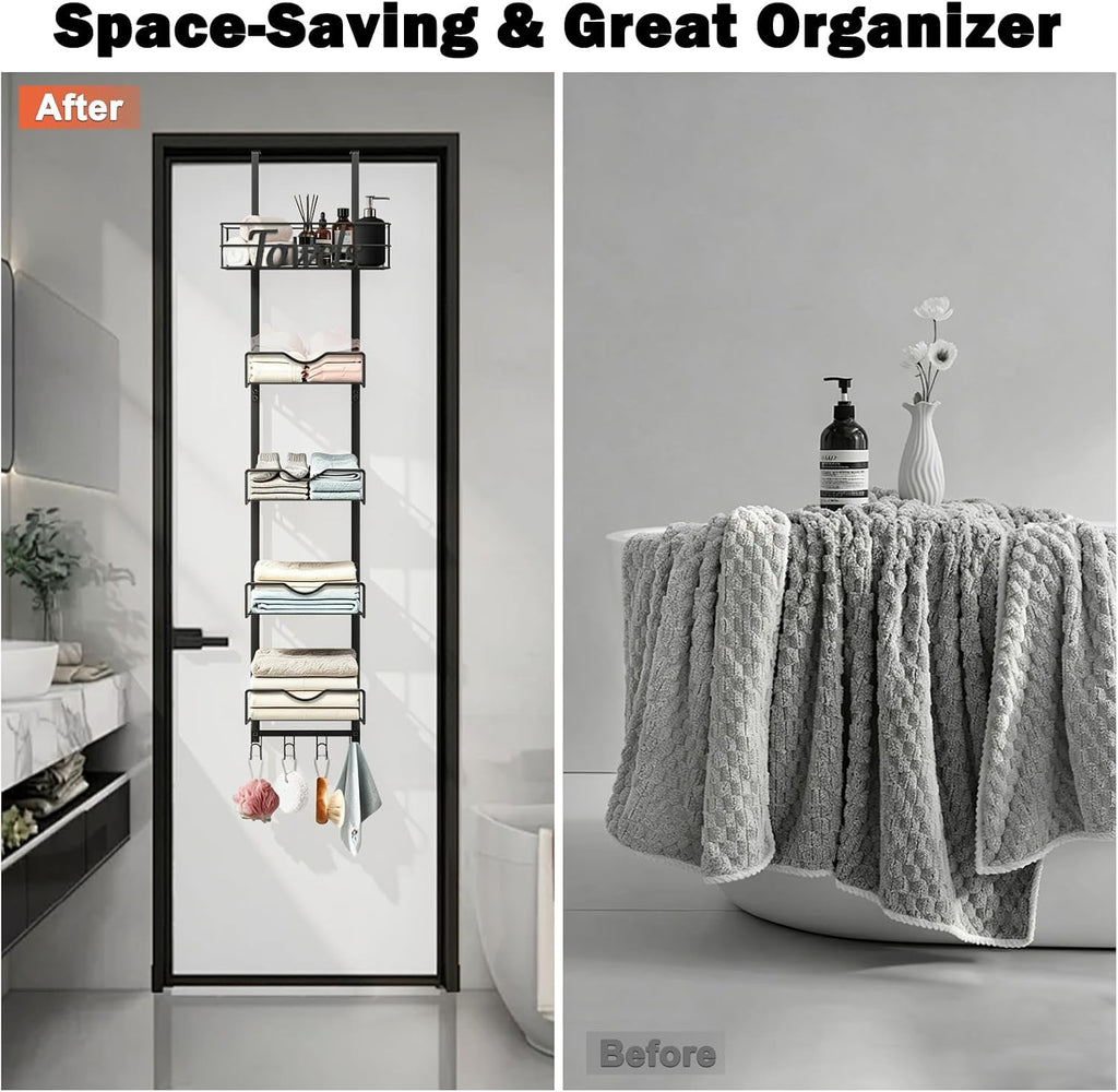 Over The Door Towel Racks, No Drill Towel Storage with Basket & Hooks, Space-Saving Multi-Functional Towel Holder for Bathrooms, bedrooms, Apartments, RVs (Matte Black, 6 Tier)
