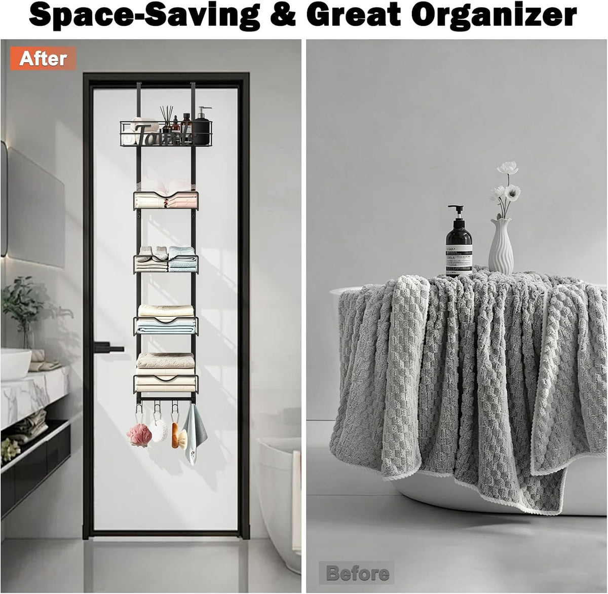 Over The Door Towel Racks, No Drill Towel Storage with Basket & Hooks, Space-Saving Multi-Functional Towel Holder for Bathrooms, bedrooms, Apartments, RVs (Matte Black, 6 Tier)