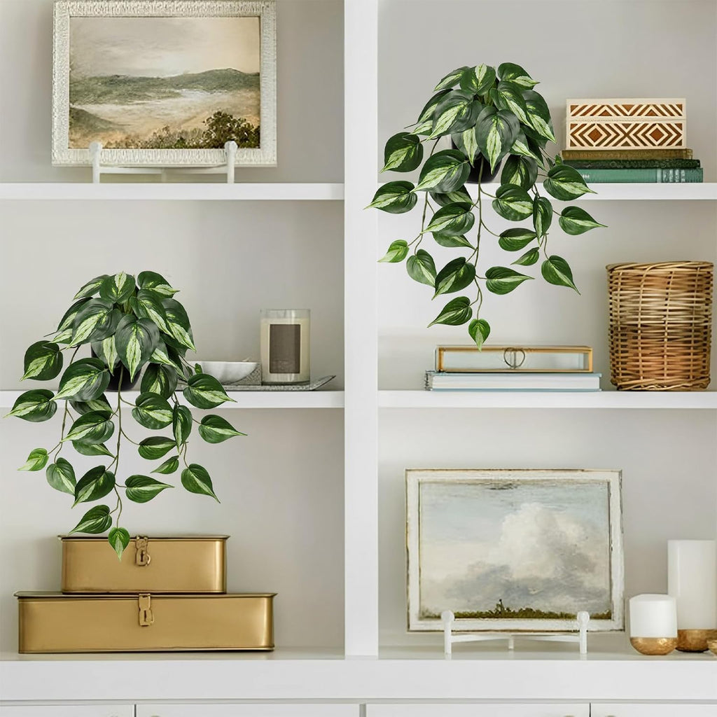 DILATATA 2 Pack Artifitial Hanging Plants 18" Fake Devil's Ivy Golden Pothos Plants, Hanging Potted Plants for Home Office Bedroom Indoor Outdoor Decor