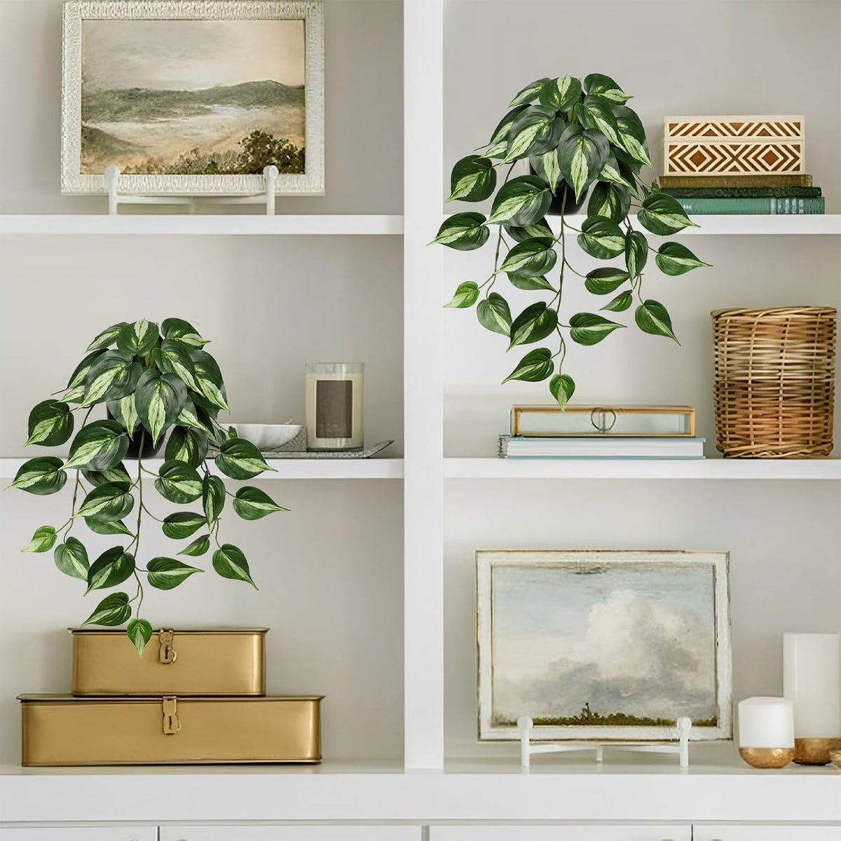 DILATATA 2 Pack Artifitial Hanging Plants 18" Fake Devil's Ivy Golden Pothos Plants, Hanging Potted Plants for Home Office Bedroom Indoor Outdoor Decor