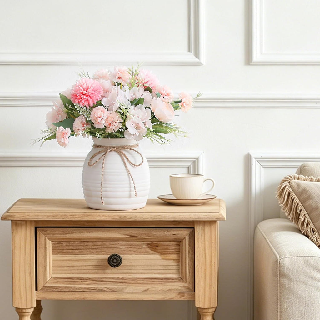 Artificial Flowers with Ceramic Vase, Faux Silk Peony & Hydrangea Bouquet