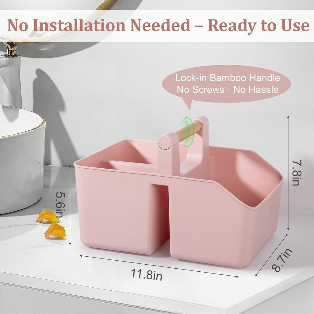 rejomiik Plastic Shower Caddy, Portable Basket with Bamboo Handle, Pink