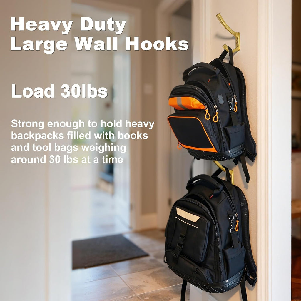 Heavy Duty Wall Hooks, 5 Inch Large Wall Mount Hooks for Hanging Heavy Backpacks, School Bags, Winter Coat, Handbags, Purses in Entryway, Hallway, Garage, Bathroom, Laundry (6, Gold)