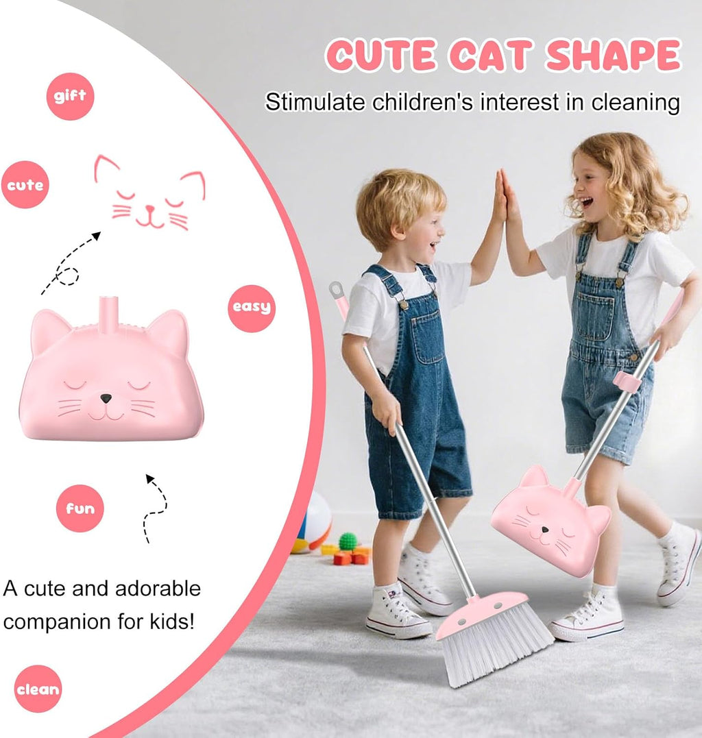 nacena Mini Broom with Dustpan & Mop for Kids, 28-in Handle Kids Brooms and Dustpan Set for Toddlers Cat-Shaped Children Broom and Cleaning Set Boys Girls Small Housekeeping Helper Sets, Pink