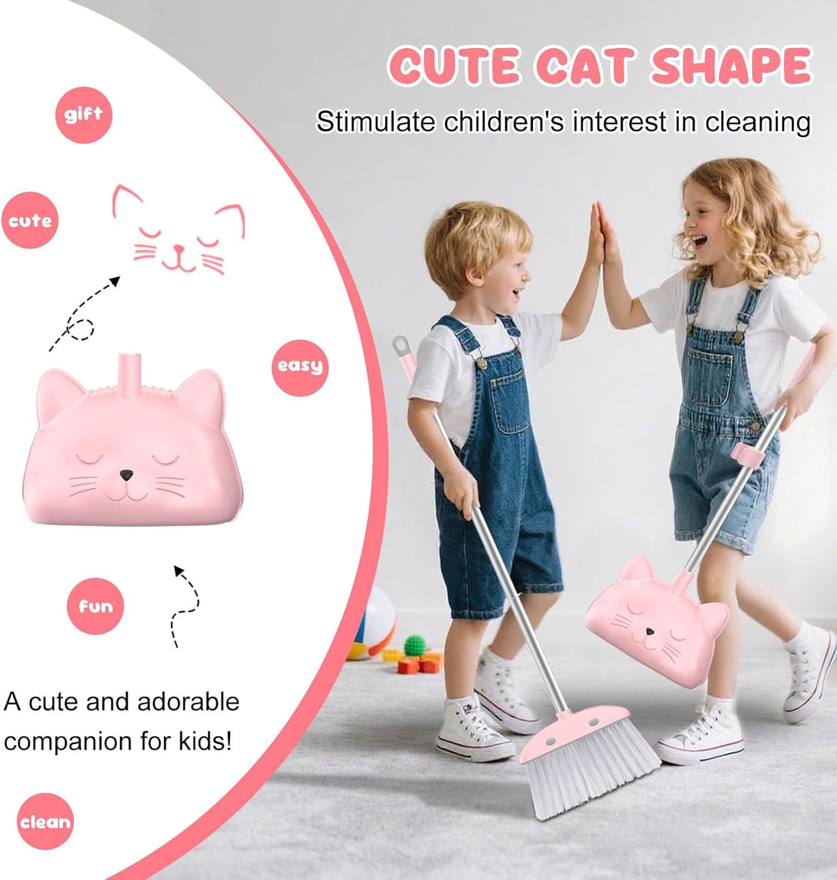nacena Mini Broom with Dustpan & Mop for Kids, 28-in Handle Kids Brooms and Dustpan Set for Toddlers Cat-Shaped Children Broom and Cleaning Set Boys Girls Small Housekeeping Helper Sets, Pink