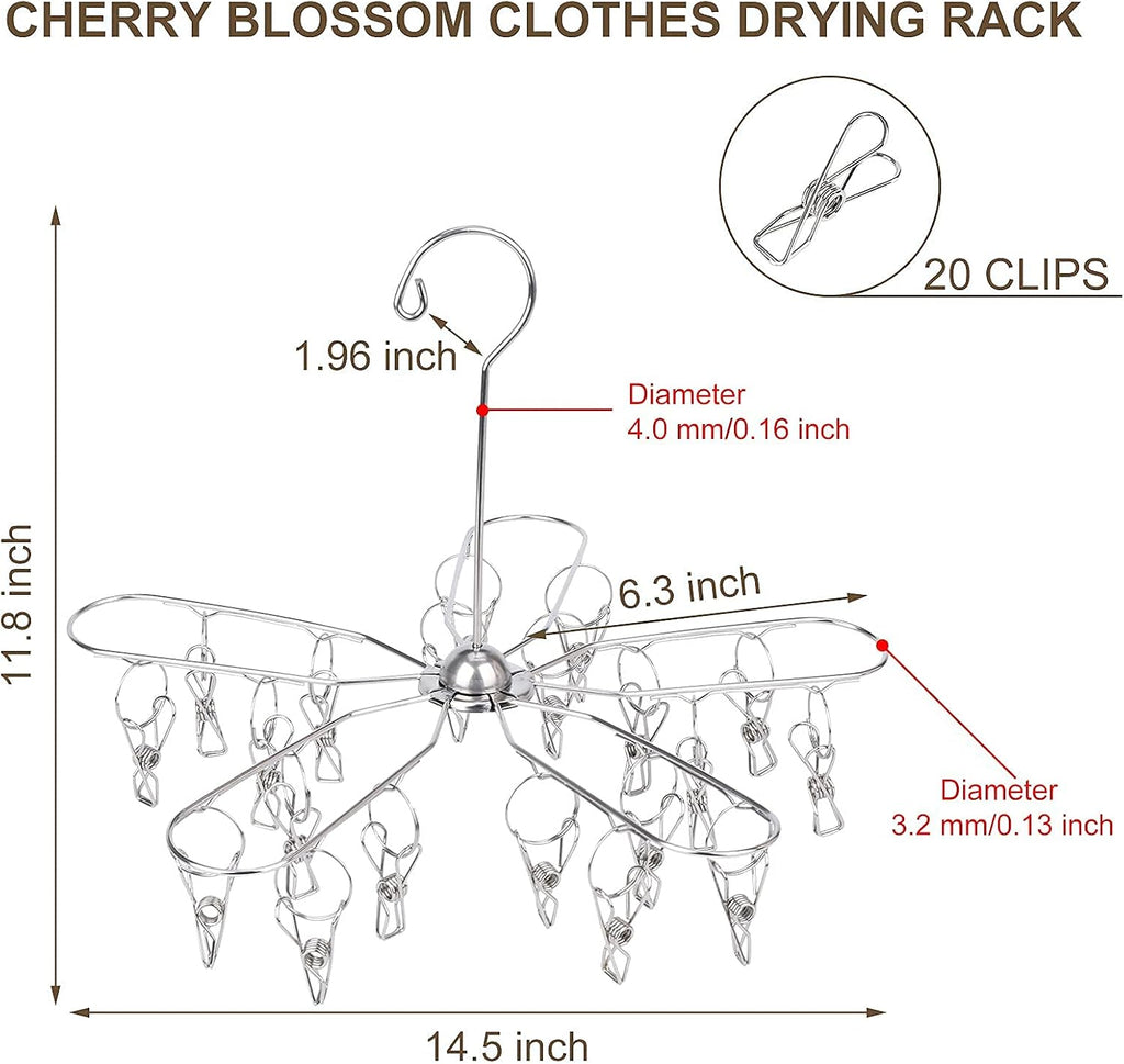 Foldable Clothes Drying Rack Stainless Steel Clothes Drying Hanger with 20 Clips, Laundry Hanging Dryer for Underwear, Sock, Bra, Lingerie, Hat, Scarf, Gloves, Diapers, Towels, Baby Clothes