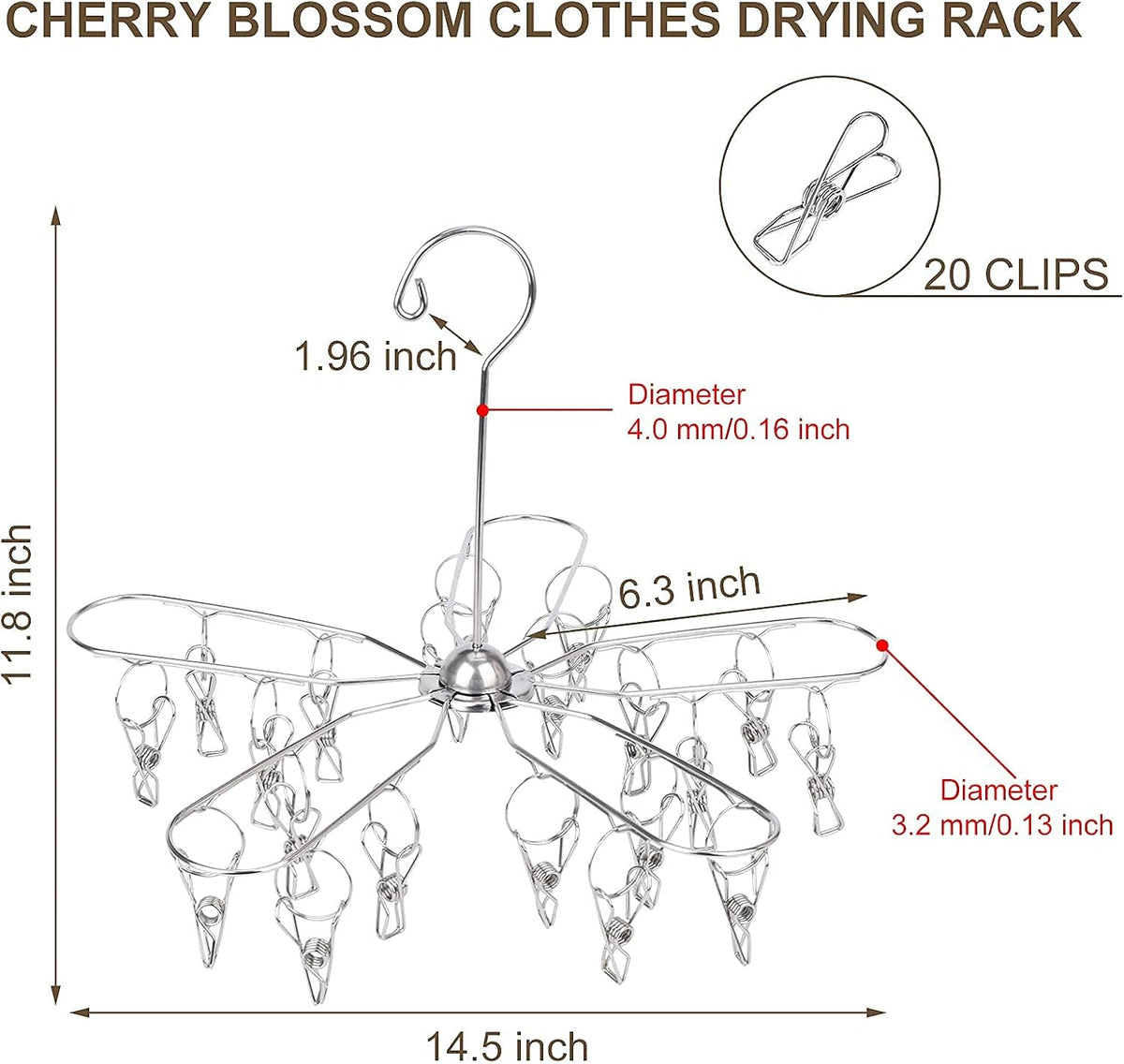 Foldable Clothes Drying Rack Stainless Steel Clothes Drying Hanger with 20 Clips, Laundry Hanging Dryer for Underwear, Sock, Bra, Lingerie, Hat, Scarf, Gloves, Diapers, Towels, Baby Clothes