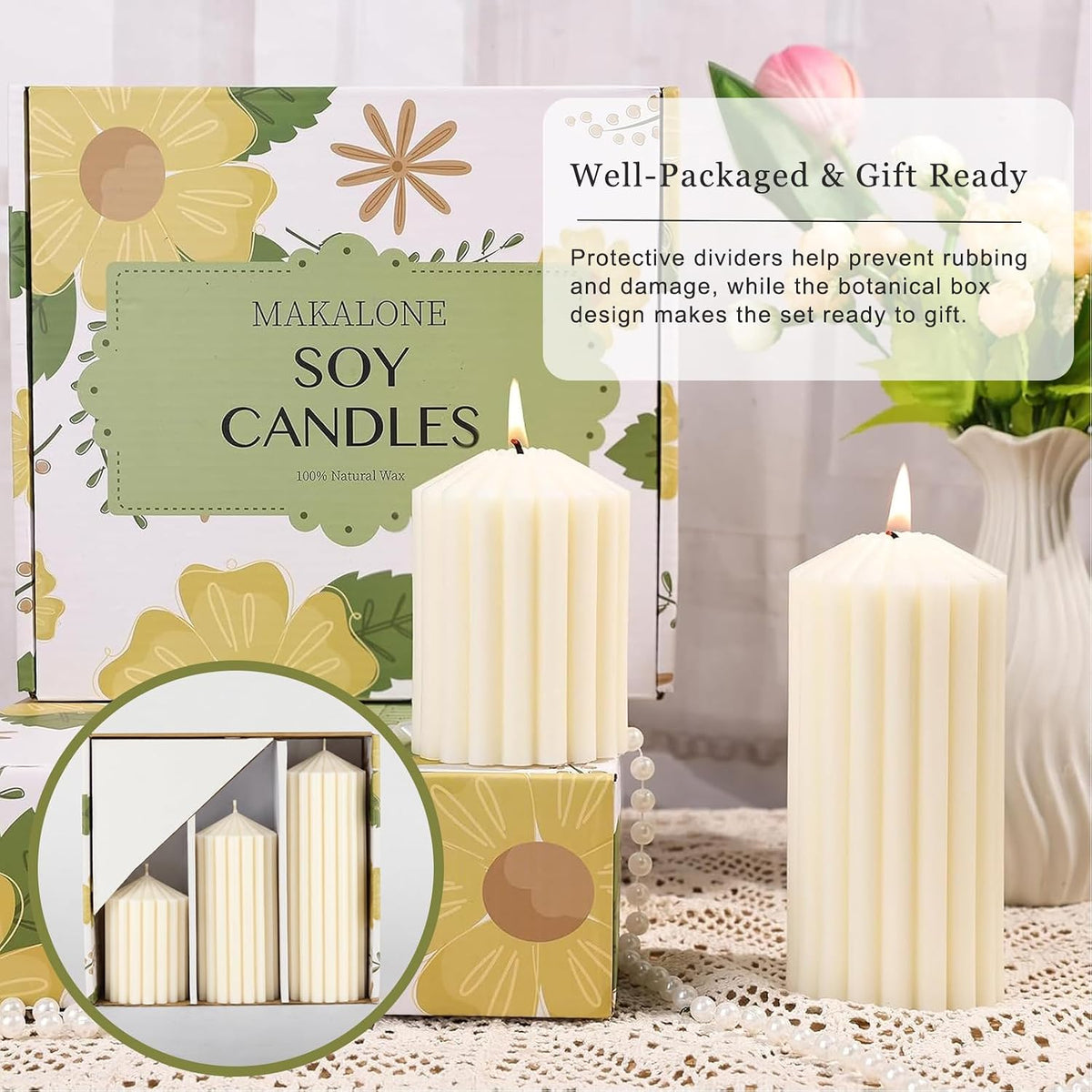 Cream White Ribbed Decorative Pillar Candles, 3 Pack,2.8 x 4/6/8 in,Soy Wax