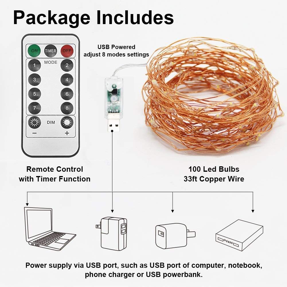 Twinkle Star 33ft 100LED Copper Wire String Lights Fairy String Lights 8 Modes USB Powered with Remote Control for Wedding Party Home Christmas Decoration, Warm White (Pack of 3)