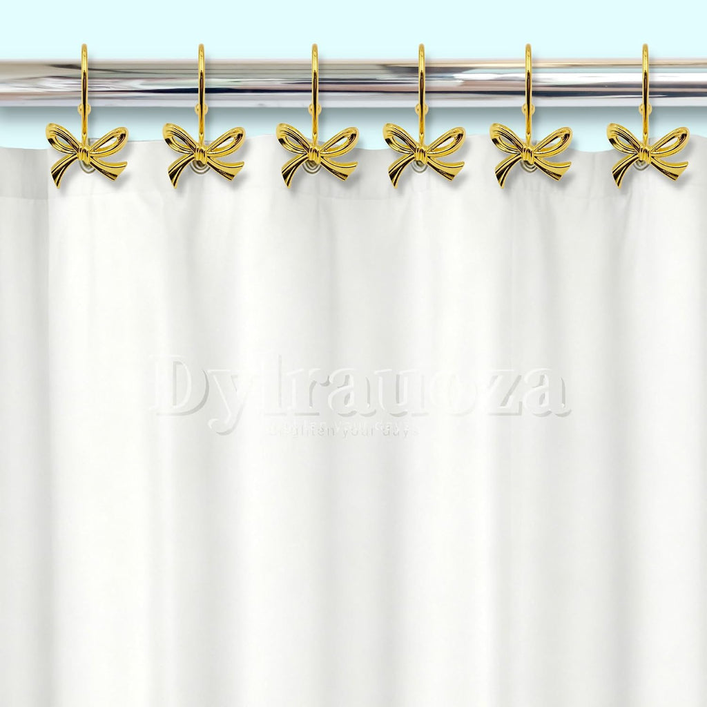 Gold Shower Curtain Hooks, 12 Pack Bow Shower Curtain Rings, Decorative Metal Rust Proof Curtain Hangers with 3D Ribbon Design, Cute Coquette Bathroom Decor