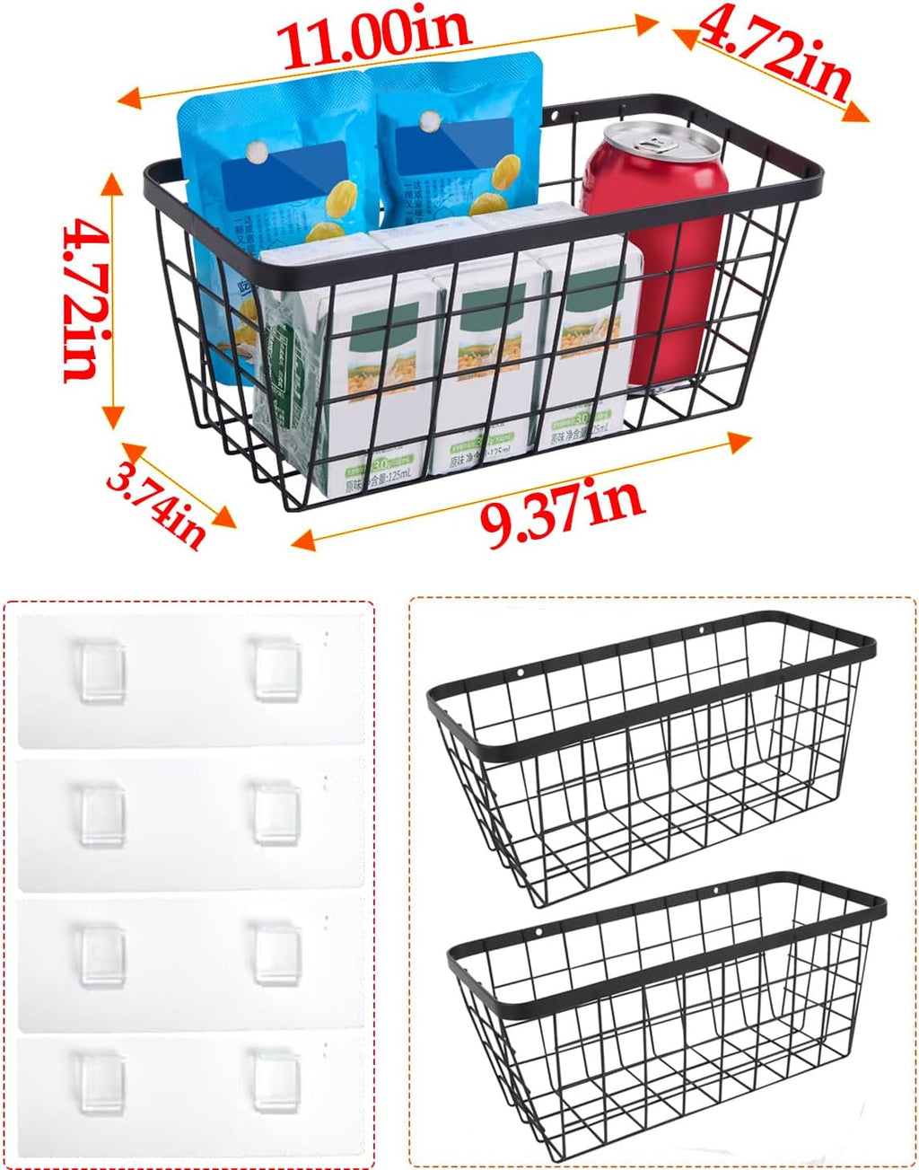 2 Pack Hanging Wall Basket Organizer Over the Cabinet Door Wire Baskets for Organizing -Space-Saving Hanging Baskets for Organizing Wall Mount Storage,No Drilling Adhesive Wall Storage Basket, Black