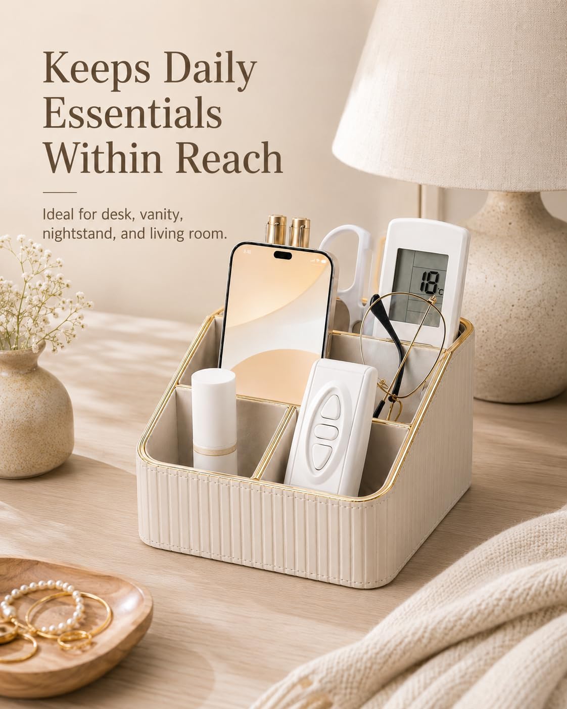 KINGFOM PU Leather Remote Control Holder, 4 Compartment Nightstand Organizer with Gold Trim, Small Desk Organizer for Office Supplies, Phone, Glasses, Pens, Bedside Table, Living Room Decor Beige