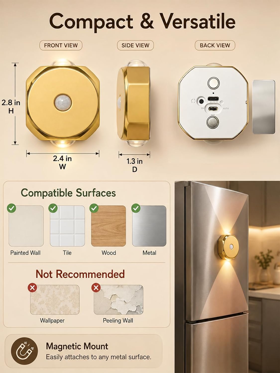 Motion Sensor Night Light for Hallway: No Tool Mount Magnetic Mount