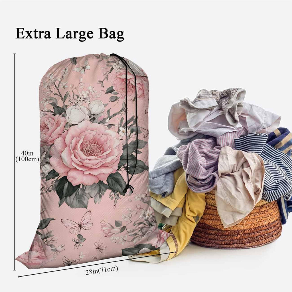 Swono Watercolor Flowers Extra Large Laundry Bag with Drawstring Closure 28"x40", Floral Peonies Rose Leaves Petal Romantic for Home, Dorm and Apartment Dwellers, Pink