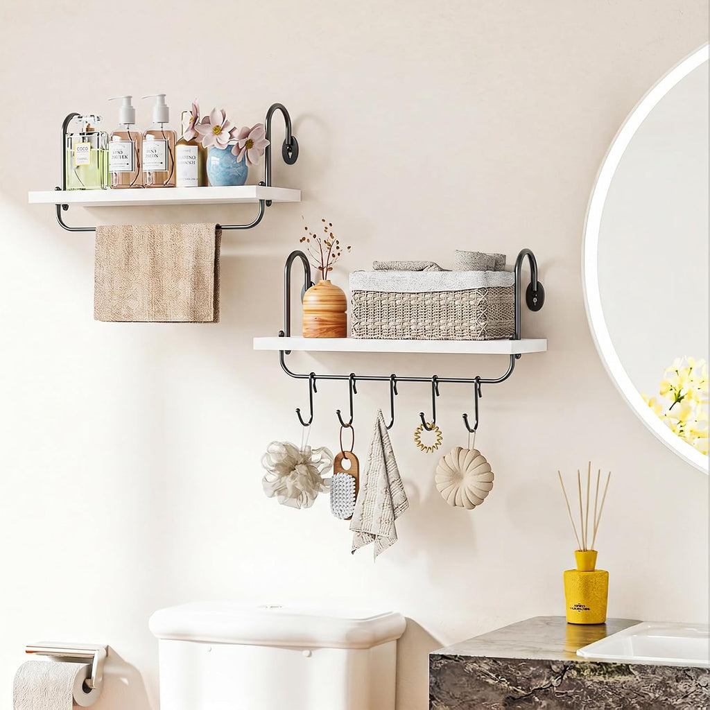Olakee Floating Wall Shelves for Kitchen Bathroom Coffee Nook with 10 Adjustable Hooks for Mugs Cooking Utensils or Towel Rustic Storage Shelves Set of 2/17x5.9 inch (White)